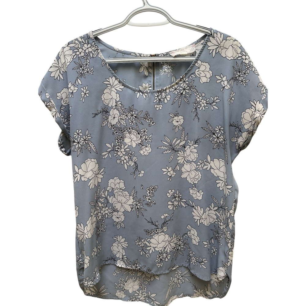 Pink Rose Vintage Blue Floral Short Sleeve Blouse Top Back Zipper Large